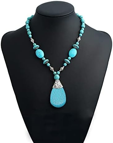 Bohemian Turquoise Necklace Set - Women's Western Jewelry with Long Choker, Pendant, Dangle Earrings, Layered Bracelets