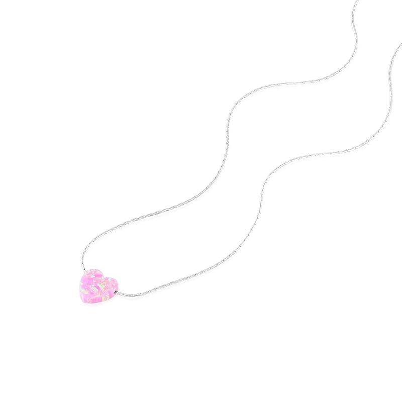 Pink Opal Heart On Thin Sterling Silver 925 Choker Necklace - Handmade Minimal Necklace For Women- Length: 13.5 inch + 3 inch Extender (sterling silver, pink)