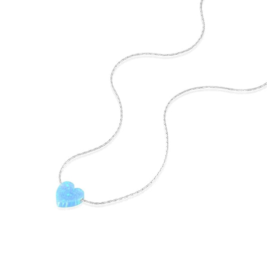 Sterling Silver Choker Necklace with Blue Opal Heart - Designer Handmade Collar Chain for Women- Length: 13.5 inch + 3 inch Extender (sterling silver, blue)