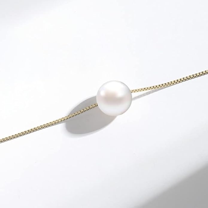 Solid 14K Gold Over 925 Silver Pearl Necklace for Women,Dainty Freshwater Cultured White Pearl Pendant Necklace,Fashion Jewelry Gift for Her