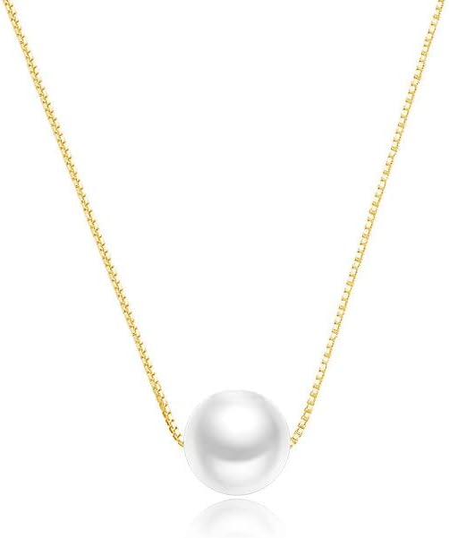 Solid 14K Gold Over 925 Silver Pearl Necklace for Women,Dainty Freshwater Cultured White Pearl Pendant Necklace,Fashion Jewelry Gift for Her