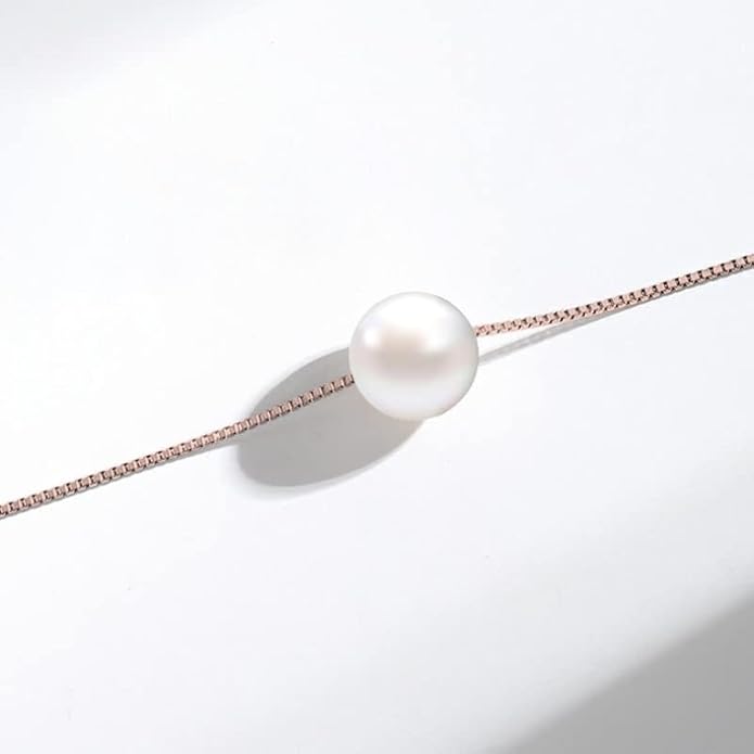 Solid 14K Gold Over 925 Silver Pearl Necklace for Women,Dainty Freshwater Cultured White Pearl Pendant Necklace,Fashion Jewelry Gift for Her