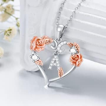 AOBOCO Rose Heart Necklaces Valentines Gifts for Women, 925 Sterling Silver Rose Love Heart Initial Letter Pendant Necklace Jewelry Mothers Day Christmas Birthday Gifts for Her Mom Wife Girlfriend