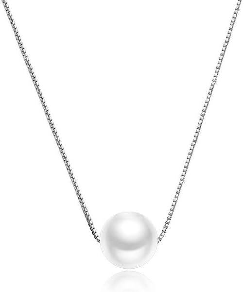 Solid 14K Gold Over 925 Silver Pearl Necklace for Women,Dainty Freshwater Cultured White Pearl Pendant Necklace,Fashion Jewelry Gift for Her