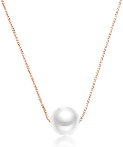 Solid 14K Gold Over 925 Silver Pearl Necklace for Women,Dainty Freshwater Cultured White Pearl Pendant Necklace,Fashion Jewelry Gift for Her