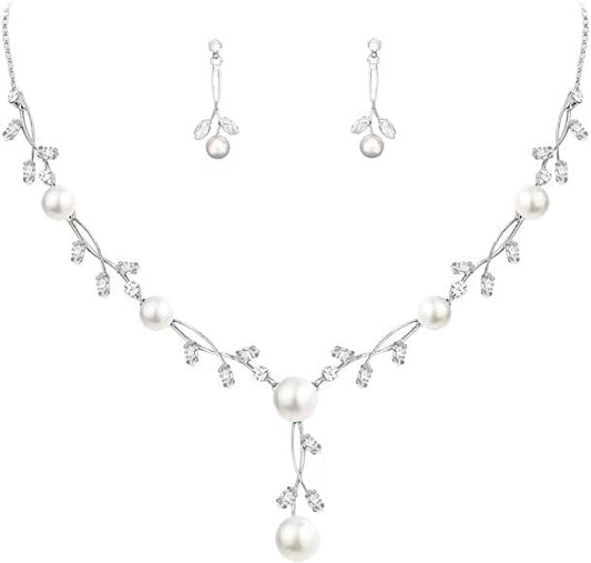 Luxury Cubic Zirconia Aurtrian Crystal Pearl Floral Necklace Dangle Earrings Wedding Bridal Jewelry Set Birthday Gifts for Her