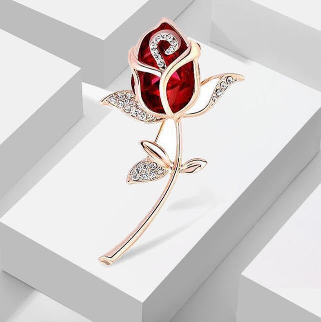 GBAHFY Red Rose Flower Brooch with Rhinestones Sparkling Crystal Floral Pin for Women