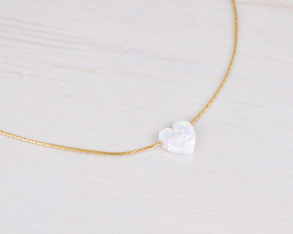 14K Gold Filled White Opal Heart SHORT Choker Necklace - Designer Handmade Necklace for women - 13.5 inch + 3 inch Extender (gold filled, white)