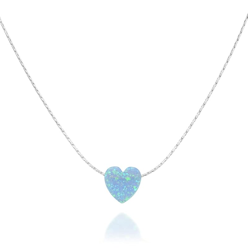Sterling Silver Choker Necklace with Blue Opal Heart - Designer Handmade Collar Chain for Women- Length: 13.5 inch + 3 inch Extender (sterling silver, blue)