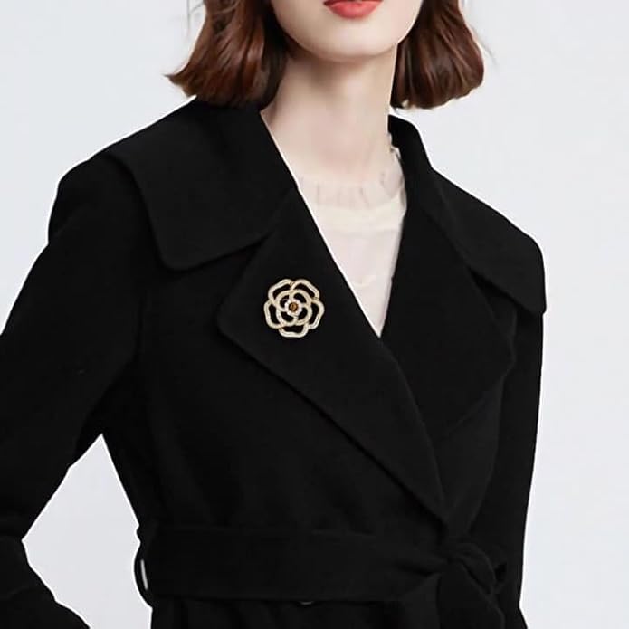 14K Gold Mother of Pearl Camellia Brooch, Luxury Moissanite Flower Pin, Sophisticated Accessory for Dinners and Parties