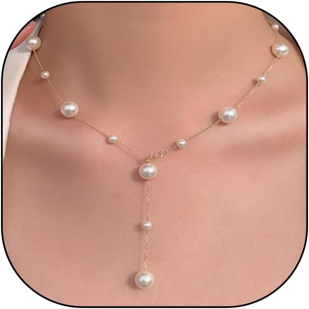 Boho Pearl Y Shape Necklaces for Women, Dainty 14k Gold Plated Pearl Beaded Chain Choker Necklace Trendy Jewelry Accessories Gift