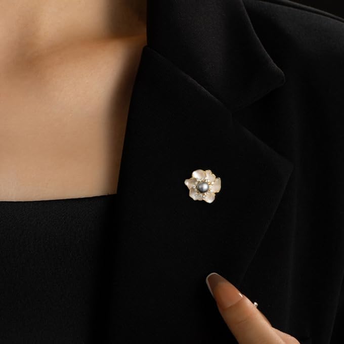 14K Gold Mother of Pearl Camellia Brooch, Luxury Moissanite Flower Pin, Sophisticated Accessory for Dinners and Parties