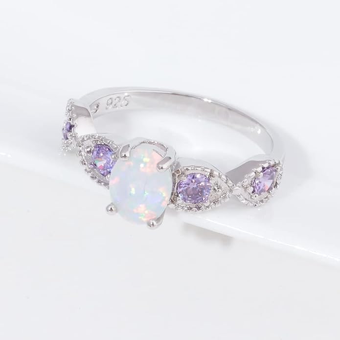 CiNily 18K Gold Plated Opal Ring-White Fire Opal & Amethyst & Cubic Zirconia Women Jewelry Gemstone Engagement Anniversary Ring Size 5-13