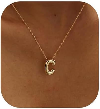 Initial Necklaces for Women, 14k Gold Plated Bubble Letter Necklace Chunky Gold Necklace Dainty Charm Initial Necklaces for Women Trendy Custom Preppy Stocking Stuff Necklace Christmas Gifts