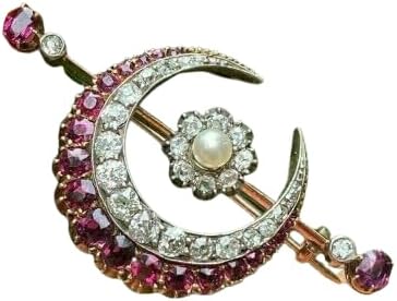 2.00 Ct Round Simulated Pink Ruby & White Diamond, White Pearl Moon Women Brooch Pin 14k Yellow Gold Plated 925 Silver
