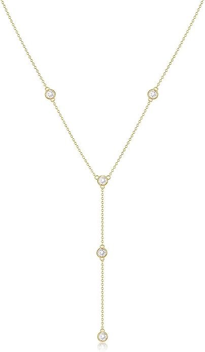 Zeffy Lariat Gold Necklace for Women, Dainty Long Necklace 14k Gold/Silver Plated Layered CZ Beaded Bar Chain Y-Shaped Body Chain Stack Drop Wedding Necklace Trendy Simple Gold Jewelry Gifts
