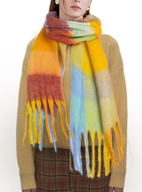SHOHOKU Large Chunky Plaid Scarf Coloured Checked Oversized Scarf Tassel Soft Fall Winter Thick Warm Shawl Women