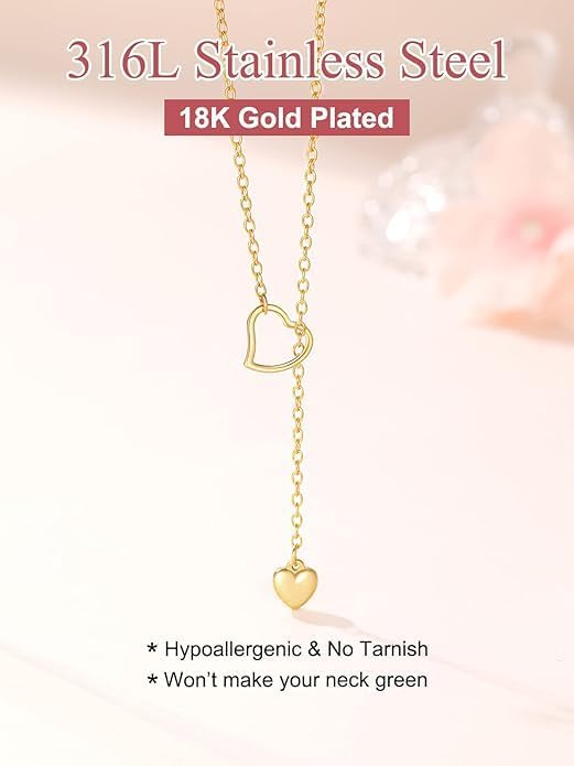 FOCALOOK Lariat Y-Necklaces | Long Necklaces for Women | Long Black Necklaces | Gold Necklaces for Women | Drop Heart Necklaces for Women | Front Adjustable Long Chain Necklace