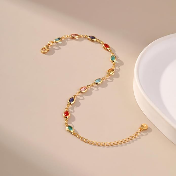 18K Gold Plated Anklet for Women Multicolor Crystal Ankle Bracelets Boho Adjustable Chain Anklets