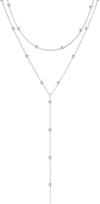 Zeffy Lariat Gold Necklace for Women, Dainty Long Necklace 14k Gold/Silver Plated Layered CZ Beaded Bar Chain Y-Shaped Body Chain Stack Drop Wedding Necklace Trendy Simple Gold Jewelry Gifts