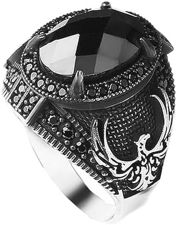 KsrModa 925 Sterling Silver Phoenix Design Men's Ring with Black Zircon Gemstone, Handmade Eagle Silver Ring for Men