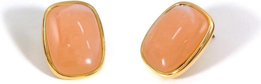 M.DUN- Round Edges Rectangle Shape Studs Earring. Abalone Amber Turquoise Resin Stone Design, 18k Real Gold Plated Bezel, Hypoallergenic Gorgeous Gift for Women