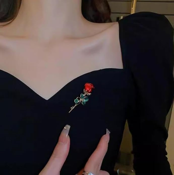 Just Follow Red Rose Flower Brooch with Rhinestones Sparkling Floral Pin for Women Vintage Blazer Jacket Dress Hat Scarf Accessory