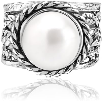JEAN RACHEL JEWELRY 925 Sterling Silver Ring - Braid & Leaf Vintage Design with Pearl Statement Ring - Hypoallergenic, Lead and Nickel Free Rings for Women - Artisan Handcrafted Collection