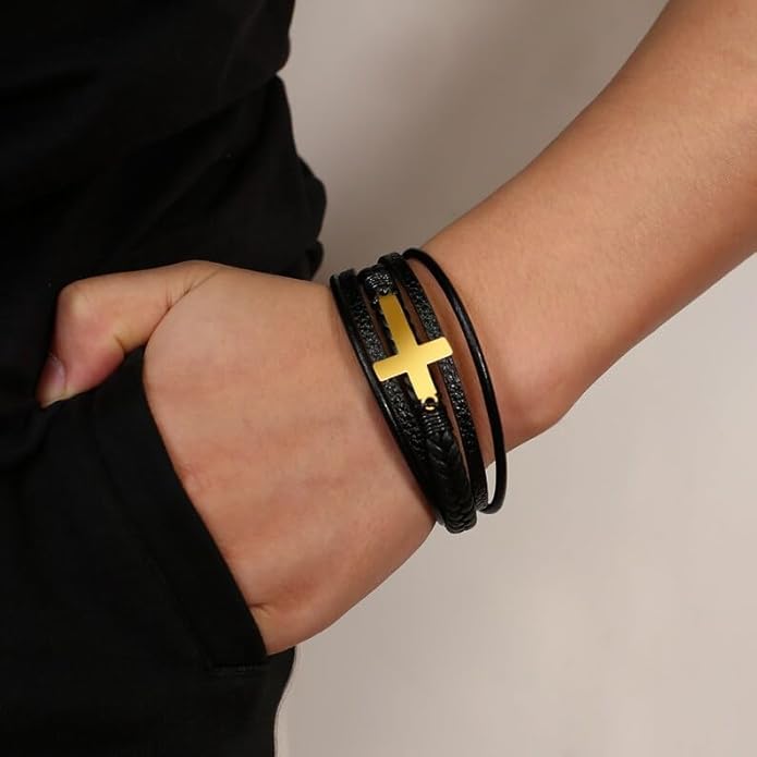 Fahonie Cross Leather Bracelet for Men Women 316L Stainless Steel with 18K Gold Plated Christ Jesus Multi-layer Handmade Christian Bracelet,7.5/8/9 Inches