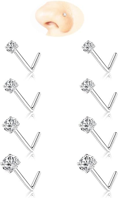 Nose Rings Studs: 8Pcs 20G Gold/Silver 316L Surgical Stainless Steel Nose Studs Hypoallergenic Corkscrew Nose Piercing Stud Jewelry for Women Men Clear Cubic Zirconia Imitation Diamond Top Size 1.5mm 2mm 2.5mm 3mm
