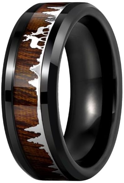 Mens Wedding Band Tungsten Rings: 8mm Black Tungsten Rings for Men Wood Wedding Ring Band for Man - Silver Ring for Men Wedding Bands for Women Wood Promise Rings for Him