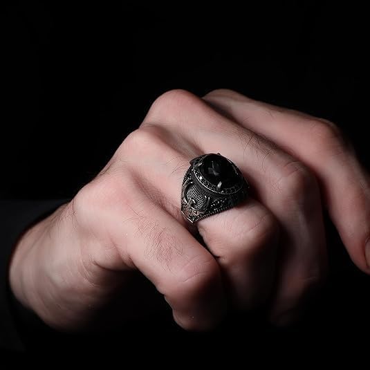 KsrModa 925 Sterling Silver Phoenix Design Men's Ring with Black Zircon Gemstone, Handmade Eagle Silver Ring for Men
