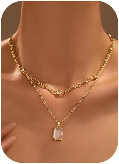 Gold Layered Pendant Necklaces for Women 14k Gold Plated Crystal Choker Necklace Paperclip Rhinestone Necklace Party Prom Jewelry