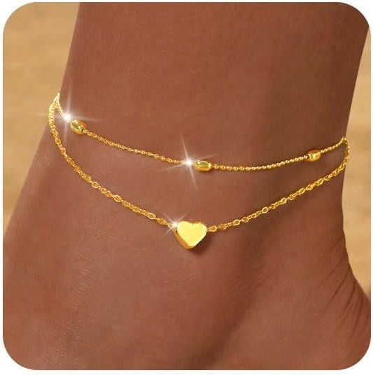 FUNEIA Gold Silver Ankle Bracelets for Women Waterproof 14K Gold Plated Anklets for Women Non Tarnish Dainty Layered Beaded Heart Anklet Set Summer Beach Foot Chain Jewelry Gifts Trendy Stuff