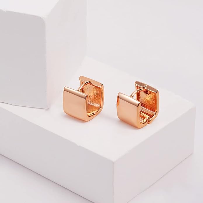 14K Gold Plated Hoop Earring Small Square Huggies Hoops For Women, Minimalist Cute Earrings for Women Girls Gift, gold silver rose gold black and CZ