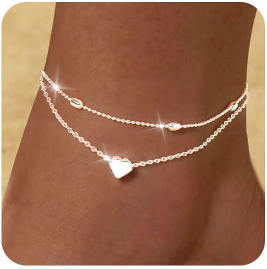 FUNEIA Gold Silver Ankle Bracelets for Women Waterproof 14K Gold Plated Anklets for Women Non Tarnish Dainty Layered Beaded Heart Anklet Set Summer Beach Foot Chain Jewelry Gifts Trendy Stuff