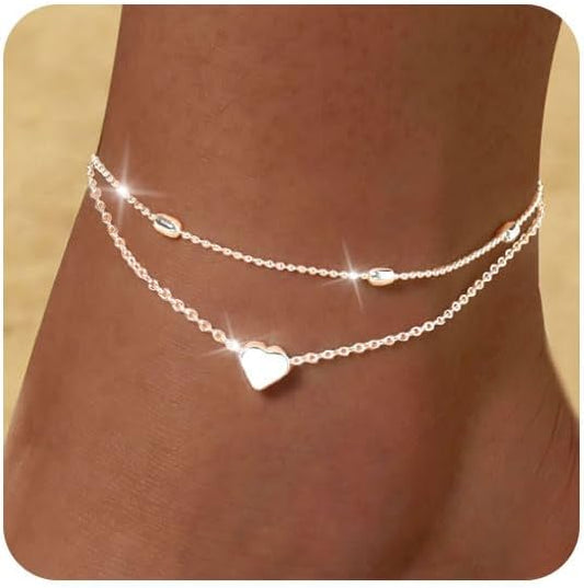 FUNEIA Gold Silver Ankle Bracelets for Women Waterproof 14K Gold Plated Anklets for Women Non Tarnish Dainty Layered Beaded Heart Anklet Set Summer Beach Foot Chain Jewelry Gifts Trendy Stuff