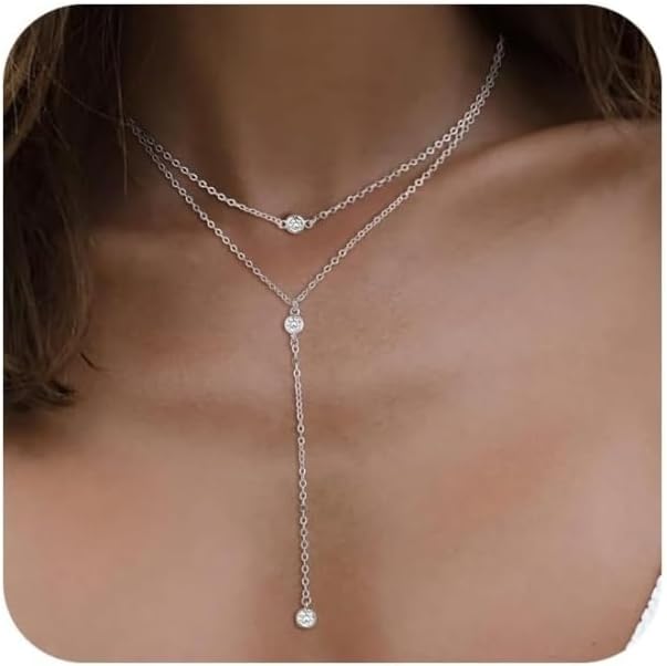 14K Gold Plated Y Necklace for Women – Dainty Lariat Long Pendant Chain, Layered Drop Necklace for V Neck Dress, Simple Sexy Cleavage Jewelry Gifts for Women