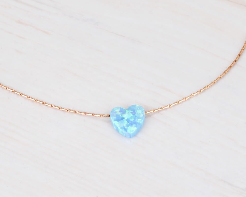 Blue Opal Heart on 14K Gold Filled Choker Necklace - Designer Handmade Thin Collar for Women - Length: 13.5 inch + 3 inch Extender (sky blue, rose gold filled)