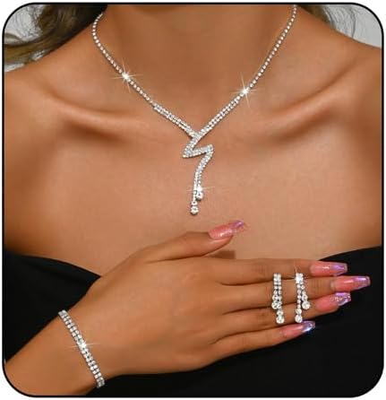 MIFYNN Rhinestone Wedding Set for Women Sparkle Crystal Earrings Necklace Bracelet Jewelry Set Wedding Party Prom Jewelry Set for Brides Bridesmaid