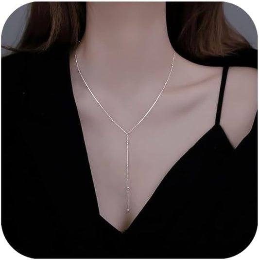 14K Gold Plated Y Necklace for Women – Dainty Lariat Long Pendant Chain, Layered Drop Necklace for V Neck Dress, Simple Sexy Cleavage Jewelry Gifts for Women