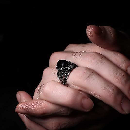 KsrModa 925 Sterling Silver Phoenix Design Men's Ring with Black Zircon Gemstone, Handmade Eagle Silver Ring for Men