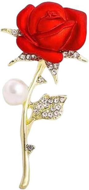 Just Follow Red Rose Flower Brooch with Rhinestones Sparkling Floral Pin for Women Vintage Blazer Jacket Dress Hat Scarf Accessory