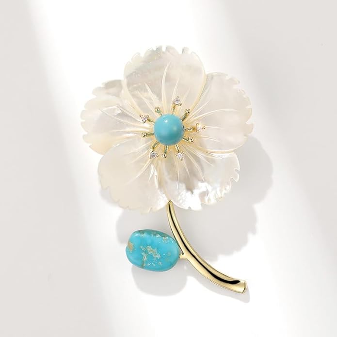 14K Gold Natural Freshwater Pearl Flower Moissanite Brooch, Minimalist Camellia Corsage with Turquoise/Agate, Unique Pin for Suit Accessory, An Elegant Gift