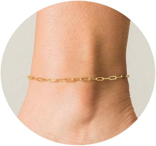 Ankle Bracelets for Women Dainty 18K Gold Plated Anklet Waterproof Round Beaded Paperclip Herringbone Pearl Chain Anklets Waterproof Beach Foot Jewelry