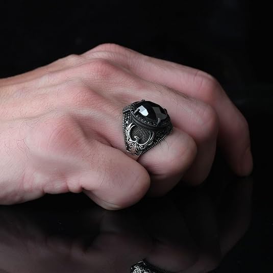 KsrModa 925 Sterling Silver Phoenix Design Men's Ring with Black Zircon Gemstone, Handmade Eagle Silver Ring for Men