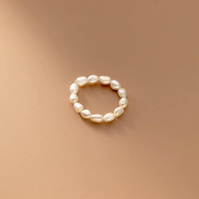 Vintage Boho Cultured Pearl Adjustable Beaded Wrap Ring,Trendy Elastic Freshwater Pearl Rings for Women,Fashion Heart Shell Stacking Rings for Men