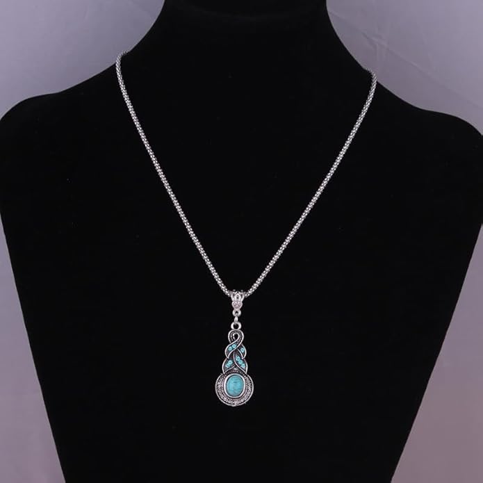 Bohemian Turquoise Necklace Set - Women's Western Jewelry with Long Choker, Pendant, Dangle Earrings, Layered Bracelets