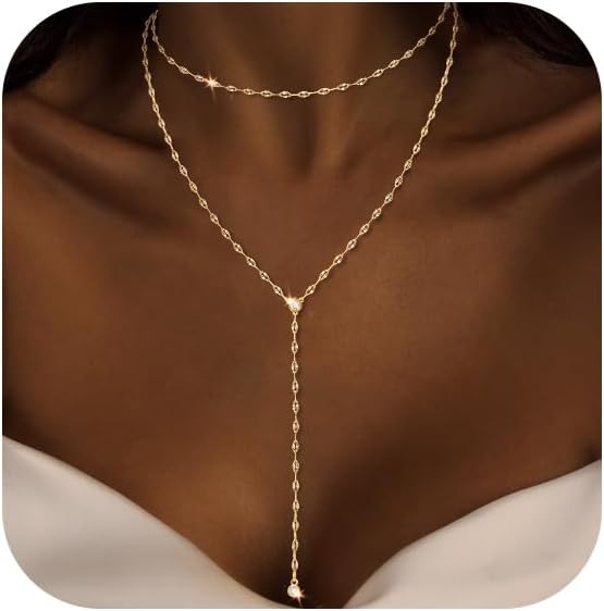 Luxval Lariat Gold Necklace for Women, Dainty Long Necklace 14k Gold Plated/Silver Y-Shaped Pendant Necklaces Trendy Beaded Chain Drop Necklaces Jewelry for Women Gifts