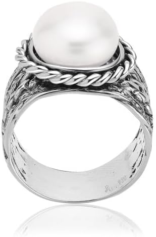 JEAN RACHEL JEWELRY 925 Sterling Silver Ring - Braid & Leaf Vintage Design with Pearl Statement Ring - Hypoallergenic, Lead and Nickel Free Rings for Women - Artisan Handcrafted Collection